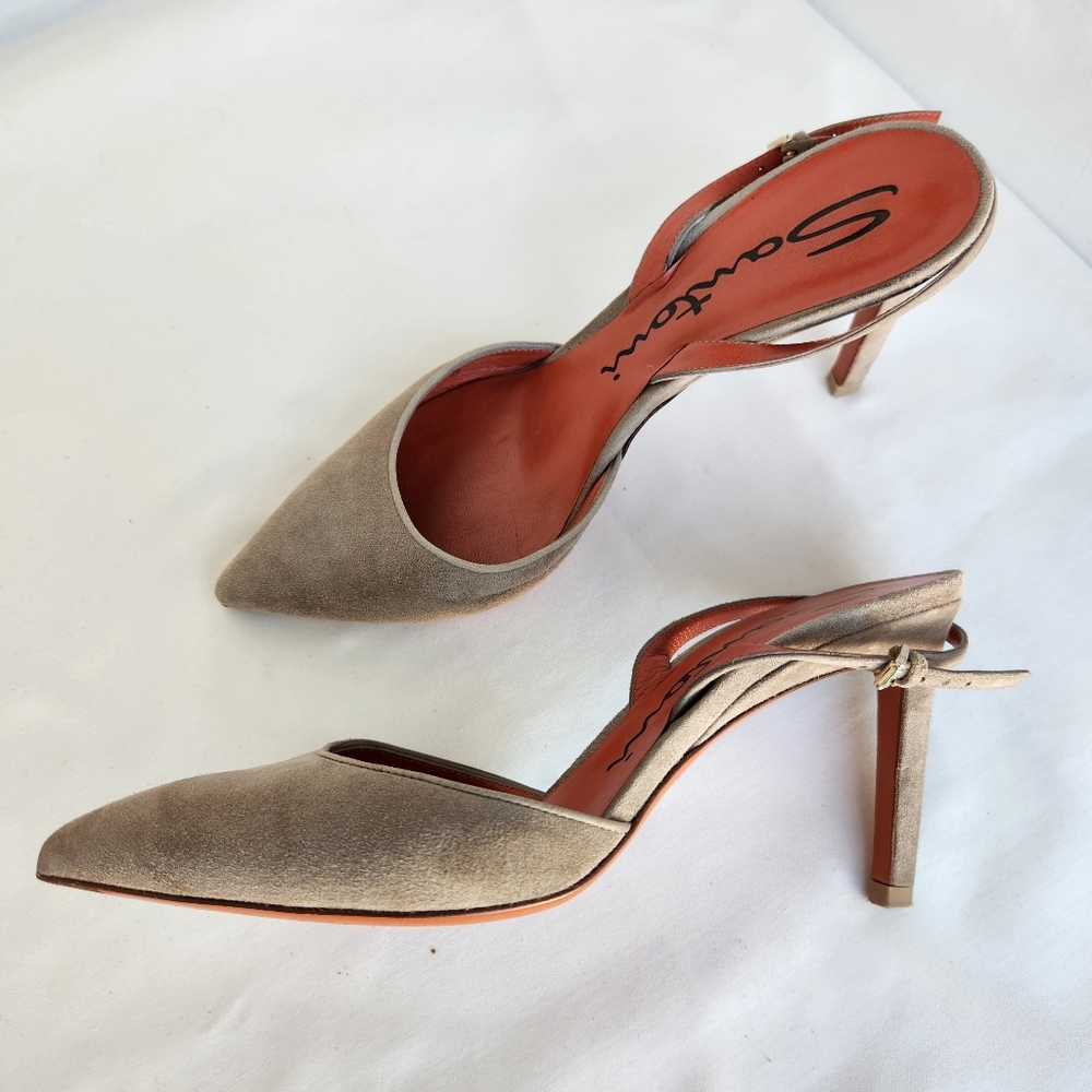 Santoni pumps women's slingback sz 8 Eu38 suede tan shoes stiletto point toe